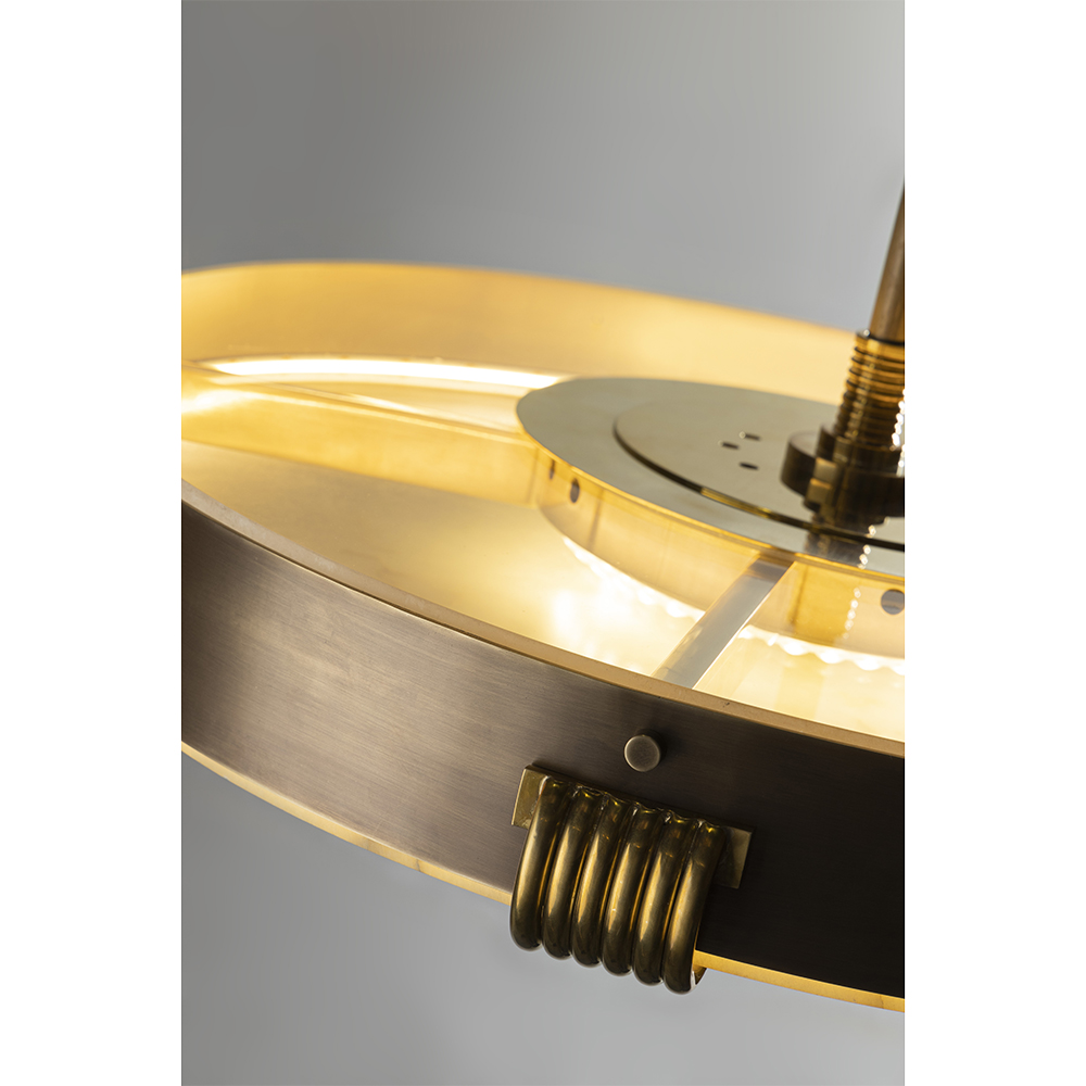 Brass chandelier in burnished  and natural brass finish with alabaster and up part closure with perspex.